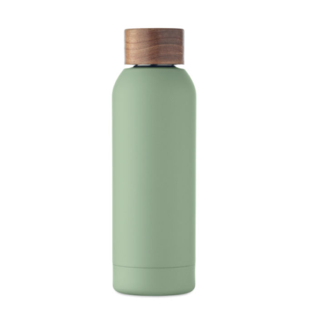 Bouteille publicitaire simple paroi en acier inoxydable recyclé avec finition en caoutchouc et couvercle en bois d'acacia 700 m