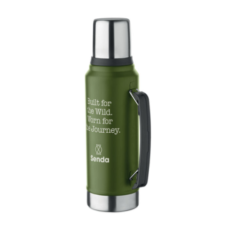 Bouteille publicitaire à double paroi en acier inoxydable recyclé couvercle en plastique et gobelet en acier inoxydable recyclé 