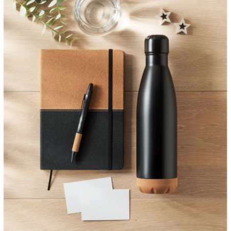 Coffret cadeau personnalisable 3 pièces (Gourde en acier inoxydable 500ml, Carnet 15 en RPET et liège, stylo à bille en aluminiu