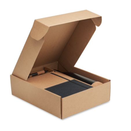 Coffret cadeau personnalisable 3 pièces (Gourde en acier inoxydable 500ml, Carnet 15 en RPET et liège, stylo à bille en aluminiu