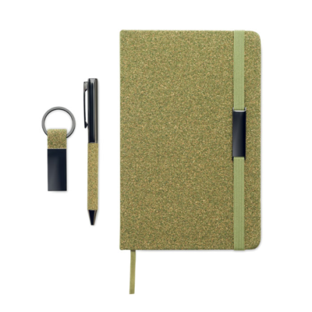 Coffret cadeau personnalisé 3 pièces (Carnet A5 à couverture rigide en papier recyclé, stylo à bille en métal, porte clé)certifi