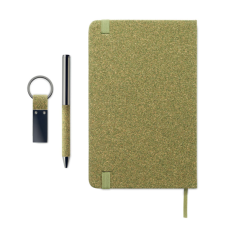 Coffret cadeau personnalisé 3 pièces (Carnet A5 à couverture rigide en papier recyclé, stylo à bille en métal, porte clé)certifi
