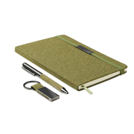 Coffret cadeau personnalisé 3 pièces (Carnet A5 à couverture rigide en papier recyclé, stylo à bille en métal, porte clé)certifi