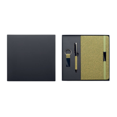 Coffret cadeau personnalisé 3 pièces (Carnet A5 à couverture rigide en papier recyclé, stylo à bille en métal, porte clé)certifi