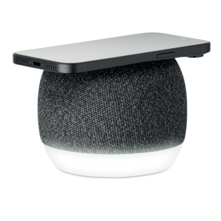 Enceinte publicitaire en ABS et tissu RPET avec base lumière d'ambiance chargeur sans fil et batterie rechargeable Li-ION 1200 m