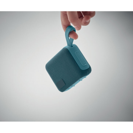 Enceinte personnalisable sans fil en ABS avec tissu RPET et cordon de suspension 5W avec batterie rechargeable Li-iON 800 mAh OB