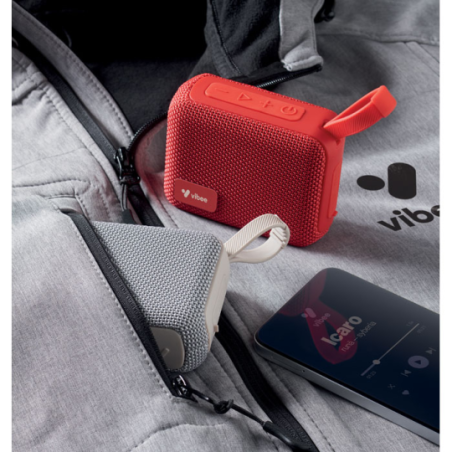 Enceinte personnalisable sans fil en ABS avec tissu RPET et cordon de suspension 5W avec batterie rechargeable Li-iON 800 mAh OB