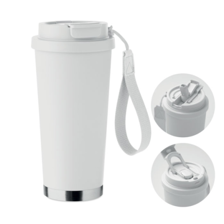 Gobelet personnalisable double paroi isotherme en acier inoxydable recyclé avec couvercle en plastique et sangle de transport en