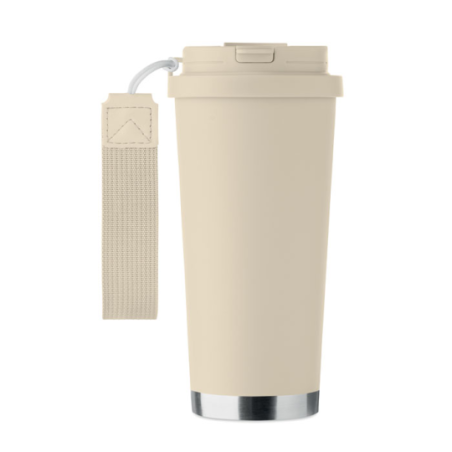 Gobelet personnalisable double paroi isotherme en acier inoxydable recyclé avec couvercle en plastique et sangle de transport en