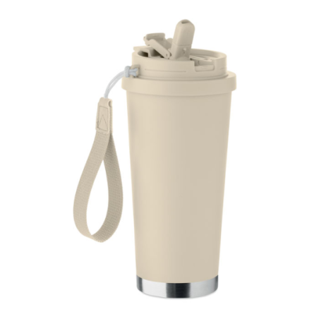 Gobelet personnalisable double paroi isotherme en acier inoxydable recyclé avec couvercle en plastique et sangle de transport en