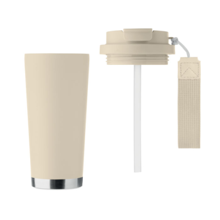 Gobelet personnalisable double paroi isotherme en acier inoxydable recyclé avec couvercle en plastique et sangle de transport en
