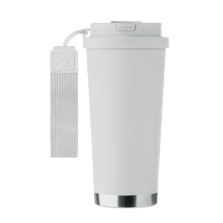 Gobelet personnalisable double paroi isotherme en acier inoxydable recyclé avec couvercle en plastique et sangle de transport en