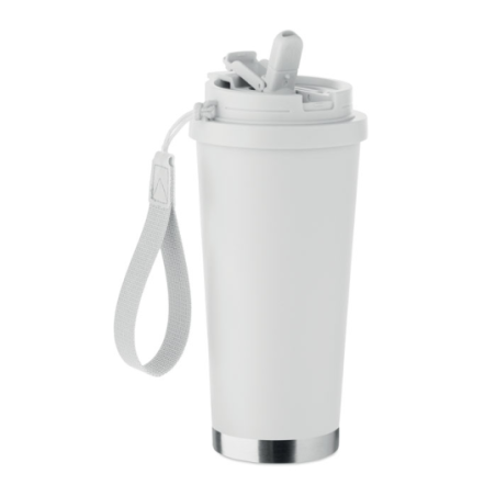 Gobelet personnalisable double paroi isotherme en acier inoxydable recyclé avec couvercle en plastique et sangle de transport en
