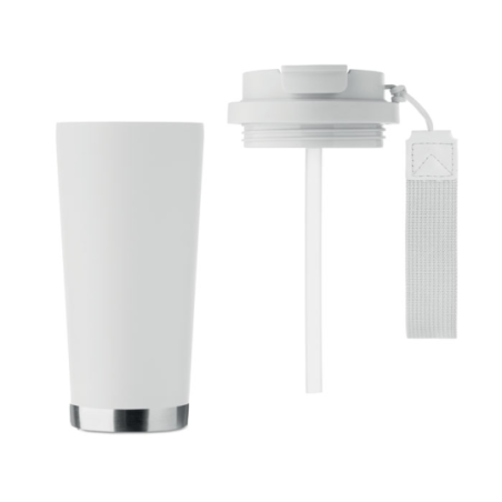 Gobelet personnalisable double paroi isotherme en acier inoxydable recyclé avec couvercle en plastique et sangle de transport en