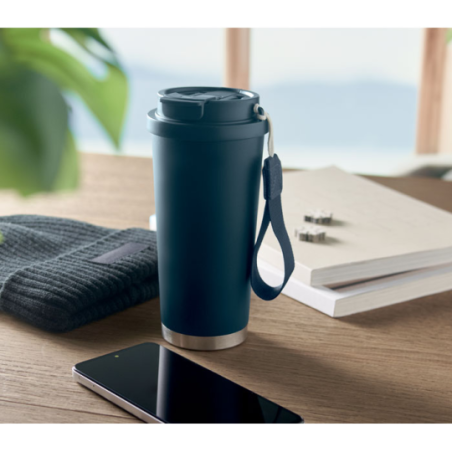Gobelet personnalisable double paroi isotherme en acier inoxydable recyclé avec couvercle en plastique et sangle de transport en