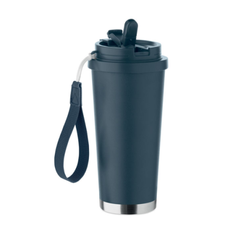 Gobelet personnalisable double paroi isotherme en acier inoxydable recyclé avec couvercle en plastique et sangle de transport en