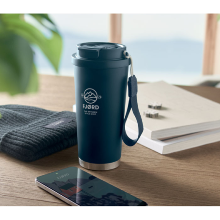 Gobelet personnalisable double paroi isotherme en acier inoxydable recyclé avec couvercle en plastique et sangle de transport en
