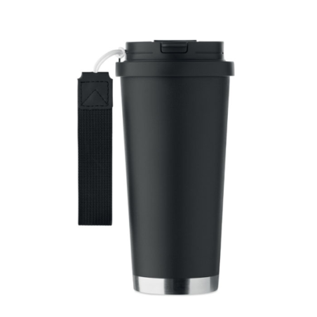 Gobelet personnalisable double paroi isotherme en acier inoxydable recyclé avec couvercle en plastique et sangle de transport en