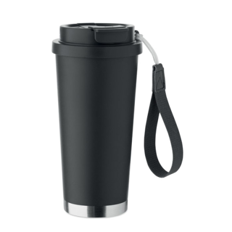 Gobelet personnalisable double paroi isotherme en acier inoxydable recyclé avec couvercle en plastique et sangle de transport en
