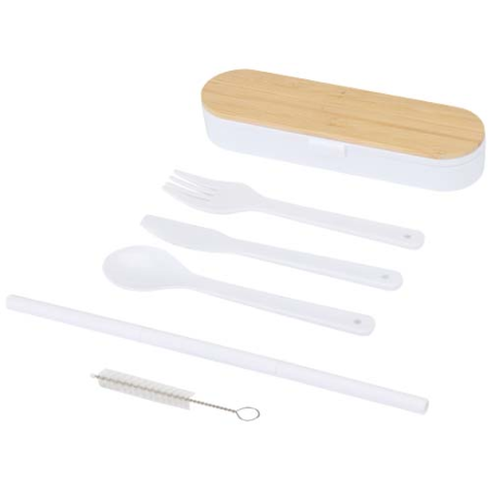 Ensemble de couverts personnalisable Runa en PP avec couvercle en bambou certifié FSC