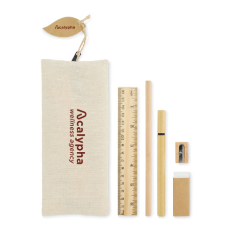 Set d'écriture publicitaire en bois avec trousse en jute et coton - JUCOSET