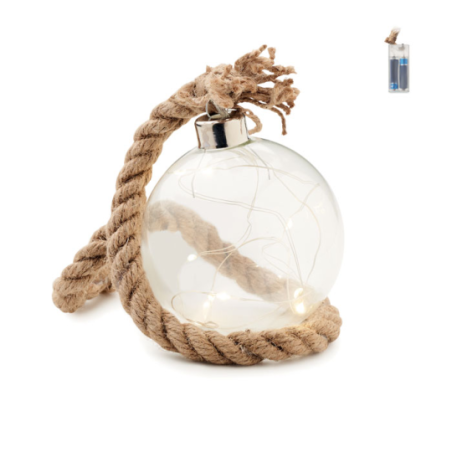 Boule en verre personnalisée avec guirlande de 8 LED et sa corde en jute - Sylvestre