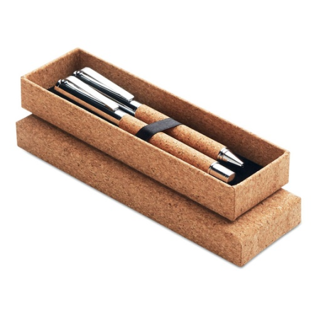 Parure de stylo bille personnalisable roller en métal et corps en liège - QUERCUS