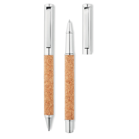 Parure de stylo bille personnalisable roller en métal et corps en liège - QUERCUS