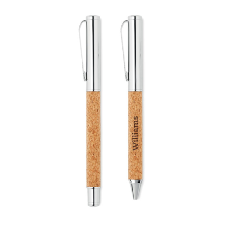 Parure de stylo bille personnalisable roller en métal et corps en liège - QUERCUS