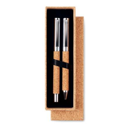 Parure de stylo bille personnalisable roller en métal et corps en liège - QUERCUS