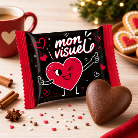 Coeur en pain d'épice personnalisable enrobée de chocolat noir et fourrée à l'abricot