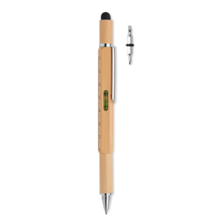 Stylo stylet personnalisé en bambou avec niveau à bulle, règle et embouts de tournevis - TOOLBAM