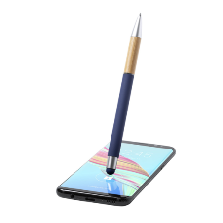 Stylo stylet personnalisable en aluminum et grip en bambou - encre bleue - Zabox