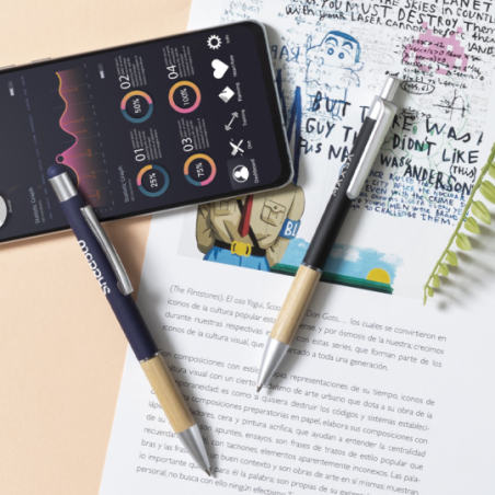 Stylo stylet personnalisable en aluminum et grip en bambou - encre bleue - Zabox