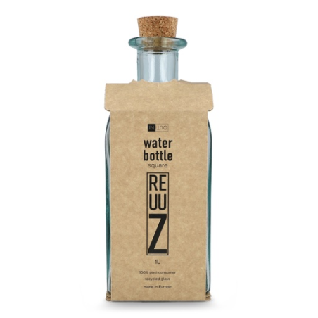 Bouteille en verre recyclé personnalisable avec bouchon en liège 1L - Made in europe - Square Reuuz