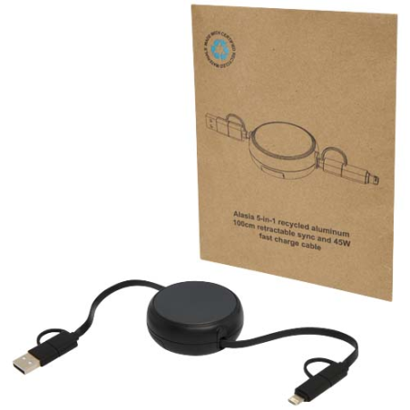 Câble rétractable 5 en 1 Alasia de 100&nbsp;cm en plastique recyclé et aluminium pour la synchronisation des données et la charge rap