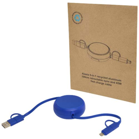 Câble rétractable 5 en 1 Alasia de 100&nbsp;cm en plastique recyclé et aluminium pour la synchronisation des données et la charge rap
