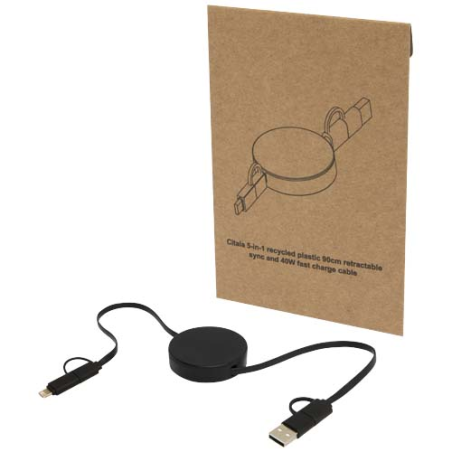 Câble rétractable 5 en 1 Citala en plastique recyclé de 90&nbsp;cm pour la synchronisation des données et la charge rapide de 40&nbsp;W