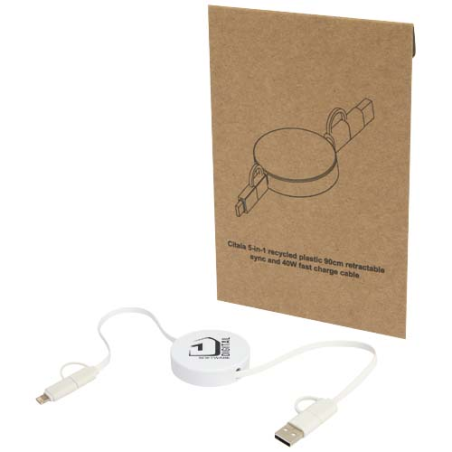 Câble rétractable 5 en 1 Citala en plastique recyclé de 90&nbsp;cm pour la synchronisation des données et la charge rapide de 40&nbsp;W