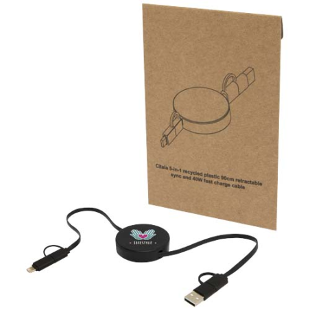 Câble rétractable 5 en 1 Citala en plastique recyclé de 90&nbsp;cm pour la synchronisation des données et la charge rapide de 40&nbsp;W