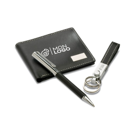 Set cadeau personnalisable élégant avec un stylo bille twist un porte-clés en métal avec boucle en PU et un porte-monnaie en PU