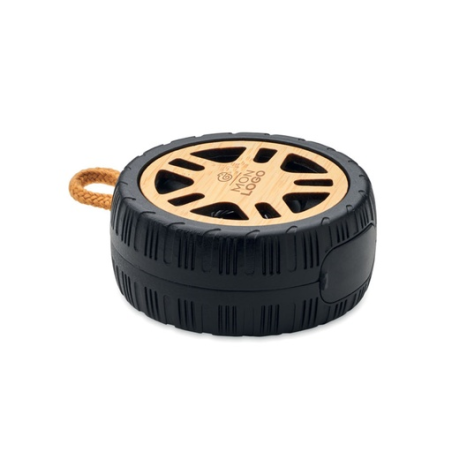 Enceinte personnalisable sans fil en forme de roue en ABS recyclé bambou et poignée en corde de coton batterie 400 mAh