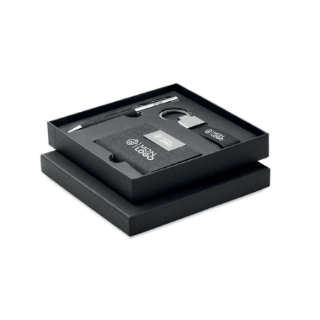 Coffret cadeau personnalisable 3 pièces (stylo, porte-clés, porte-cartes) - SCRIBI
