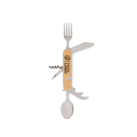 Couverts personnalisable multifonctions en métal avec boitier en bois