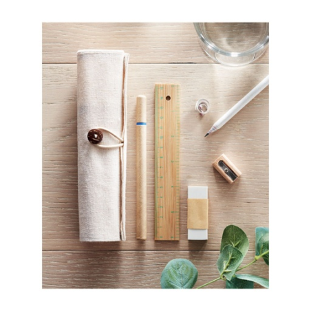 Set d'écriture personnalisable en bambou dans une pochette en jute et coton