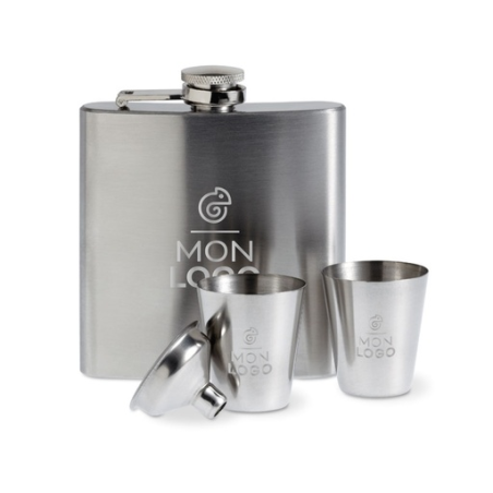 Flasque personnalisable en inox satiné 175 ml avec 2 tasses dans un coffret cadeau