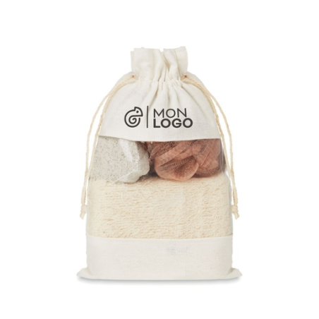 Set de bain personnalisé dans une pochette en jute avec fenêtre PEVA