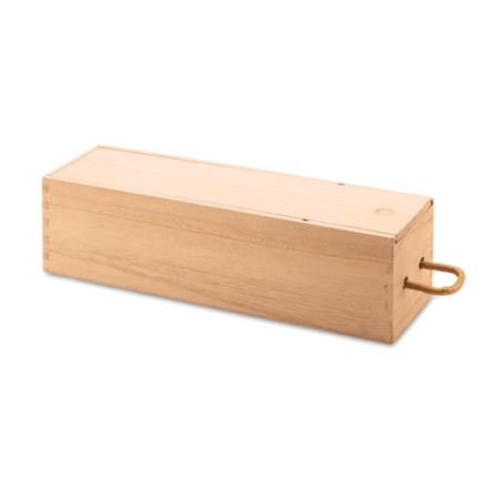 Coffret pour bouteille en bois personnalisable en gravure avec sa poignée en corde