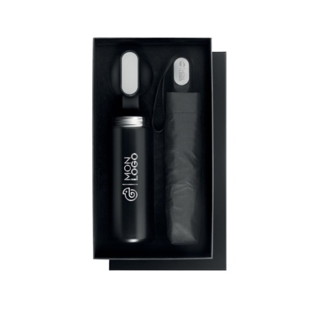 Coffret cadeau personnalisable avec bouteille en acier inoxydable recyclé double paroi 600ml et parapluie pliable 21 pouces HIT