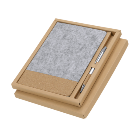 Set publicitaire bloc note en feutrine et liège et stylo bille en aluminium et liège